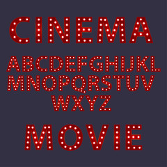Cinema movie. Red letters with luminous glowing lightbulbs. Vector typography words design. Template type font for poster.
