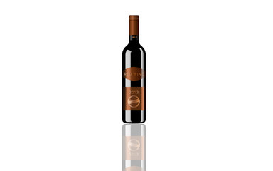Realistic wine bottle on the floor with reflection. Solitude, solitaire. Isolated on white.