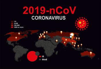 China pathogen respiratory coronavirus 2019-nCoV outbreak. 2019-nCoV. Flat world vector map with infographics. Infected countries. 2019-nCoV infographics.  Dangerous chinese ncov corona virus.