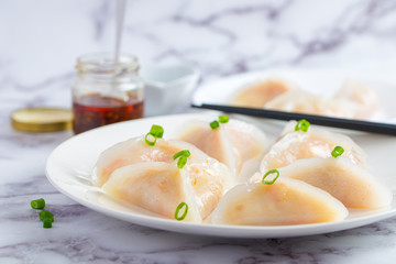 Crystal dumplings with jicama fiiling, served with XO sauce