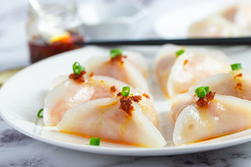 Crystal dumplings with jicama fiiling, served with XO sauce