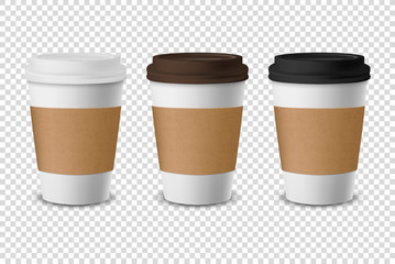 Vector 3d Realistic Disposable Closed Paper, Plastic Coffee Cup for Drinks with White, Brown and Black Lid Set Closeup Isolated on Transparent Background. Design Template, Mockup. Front View