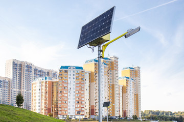 LED Lighting pole with sun energy panel. Modern technologies.