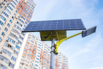 LED Lighting pole with sun energy panel. Modern technologies.