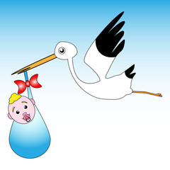 Magnificent stork design with small child on heavenly background