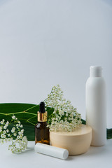 green leaves with tubes on a white background, beauty care