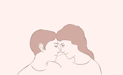 Illustration two girls hugging, girlfriend talking,sketch by hand with contour lines.