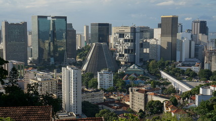 Fototapeta na wymiar Aerial panoramic view to the skyscrapers in the downtown, Rio de Janeiro, Brazil.