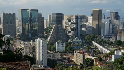 Foto auf Acrylglas Luftpanoramablick auf die Wolkenkratzer in der Innenstadt, Rio de Janeiro, Brasilien. © vadim_ozz