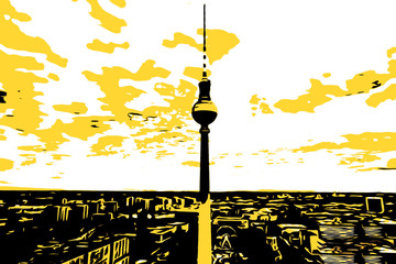 Berlin skyline with a view of the television tower and the horizon. illustration of the city of Berlin in the colors black orang and white, as a background for postcards or websites