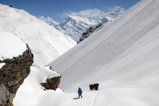 Annapurna Circuit track. Group of hikers climb up Thoron-La pass.  Anapurna III Peak (7 555 m) and Gangapurna Peak (7 455 m) on the background. Nepal.