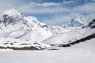 Fototapeta na wymiar High altitude Himalayan landscape (Annapurna Circuit trek). View from Thorong-La pass. Nepal, Himalayas, Asia.
