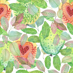 Seamless watercolor pattern of green leaves and ripe apples. Decorative elements.