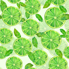Seamless watercolor pattern of lemon slices with leaves on a white background.