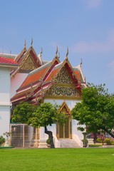 Temple of Wat Benchamabophit, located in Bangkok, Thailand, also known as the Marble Temple. Rear entrance.