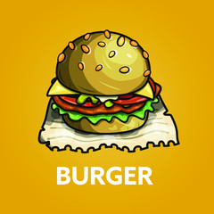 Cartoon style vector illustration of burger with fresh ingredients on a piece of paper