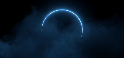 Sci Fi Neon Laser Circle Shaped Classic Pantone Blue Glowing Light On Dark Night Cyber Cloud Fog Smoke Steam Vibrant Virtual 3D Rendering