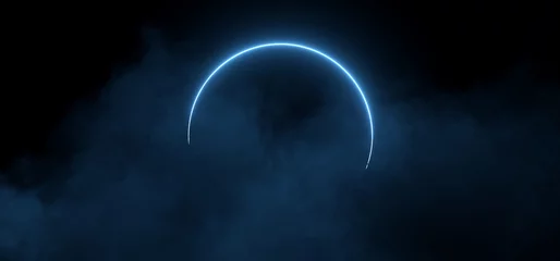 Sci Fi Neon Laser Circle Shaped Classic Pantone Blue Glowing Light On Dark Night Cyber Cloud Fog Smoke Dampf Vibrant Virtual 3D Rendering © IM_VISUALS