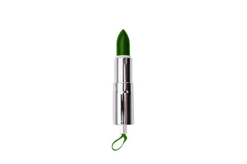 Lipstick for lips is dark green. Cosmetic tools for makeup. Women's fashion.