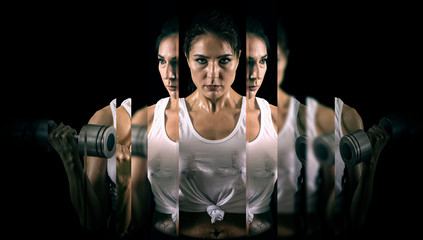 Woman working out with dumbbell. Mirror effect