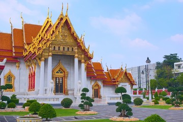 Temple of Wat Benchamabophit, located in Bangkok, Thailand, also known as the Marble Temple. Side front view.