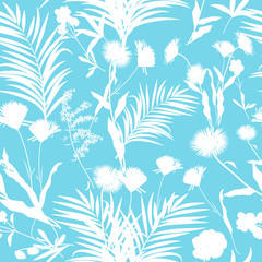 Seamless vector pattern white flowers and tropical leaves on blue background
