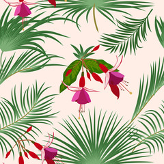 Tropical jungle palm leaves and flowers seamless pattern, vector