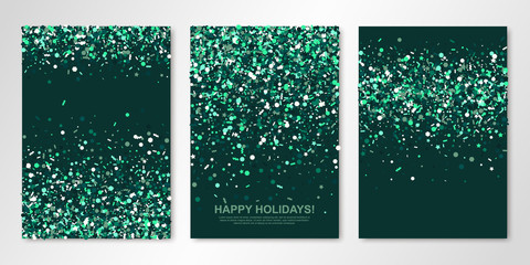 Banners set with sparkle emerald confetti on green back. Vector flyer design templates for wedding, invitation cards, save the date, business brochure design, certificates. All layered and isolated