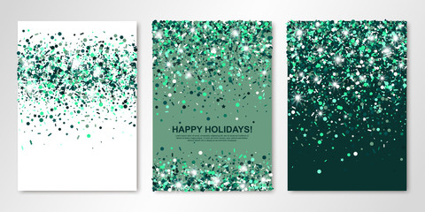 Banners set of three sheets with shimmer emerald confetti. Vector flyer design templates for wedding, invitation cards, save the date, business brochure design, certificates. All layered and isolated