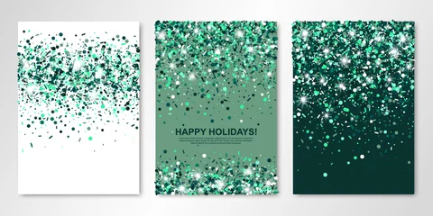 Poster Banners set of three sheets with shimmer emerald confetti. Vector flyer design templates for wedding, invitation cards, save the date, business brochure design, certificates. All layered and isolated © zokka