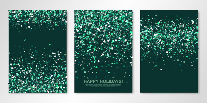 Banners set with sparkle emerald confetti on green back. Vector flyer design templates for wedding, invitation cards, save the date, business brochure design, certificates. All layered and isolated