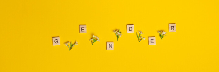 Word gender depicted by using wooden blocks and flowers on yellow bee background