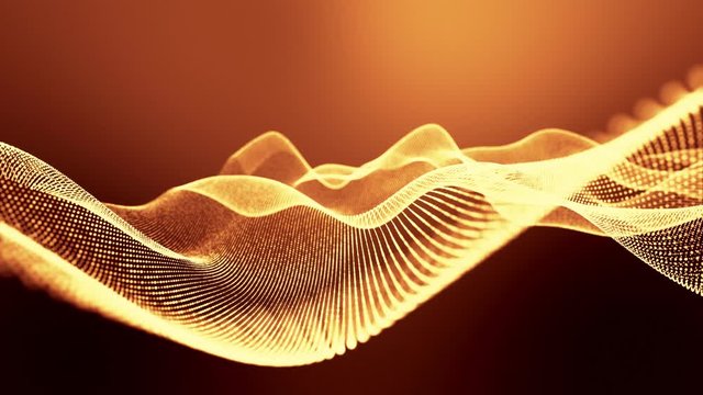 4k looped abstract background of gold glow particles form lines, surfaces as landscape in cyberspace or hologram. Sci-fi theme of microworld, nanotechnology or cosmic space. Depth of field. v22 dots