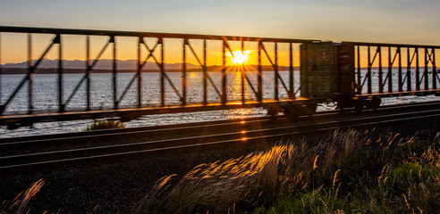 Seattle sunset through a train
