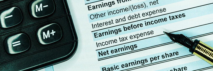 Business composition. Financial analysis - income statement, business plan. Wide banner