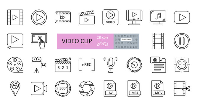 Video clip set of 28 icons with editable stroke. Vector illustration of sound recording, play, watching videos, listening to music, cutting frames, file folders, MP4, AVI, 360 panoramic view.