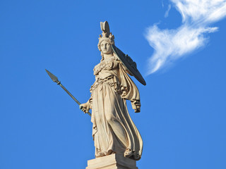 Extreme zoom of iconic statue of Athena in Academy of Athens neoclassic building, Athens historic...