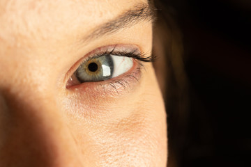 Macro of a female eye illuminated by warm ambient light