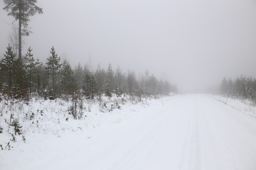 Snowy road in Lapland in northern Sweden