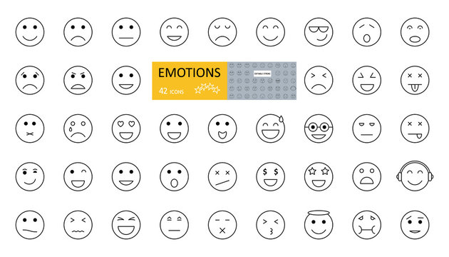 Emotions Emoji set 42 icons with editable stroke. Vector illustration of an emotional face. Joy, sadness, anger, irritation, tears, sleep, surprise, coolness, music lover, angel, love, greed, nausea.