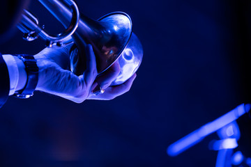 A trumpet player is playing their horn with a mute in blue stage lights