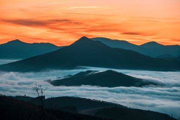 Detail of the fog about to rise in the sun Dawn cloudy one morning in the valley of Lesaka,...