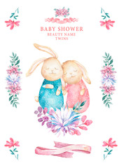 Cute watercolor Twins Bunny birthday greeting cards,posters for baby room, baby shower, invite, kids and baby t-shirts and wear. Hand drawn nursery illustration. Funny animal and cotton