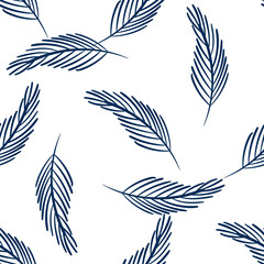 Seamless pattern with tropic leaves blue on white background.