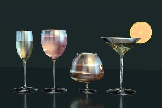 3d animation of cognac, wine, red wine, martini glasses lemon slice in row on dark background