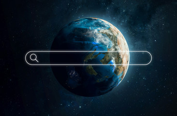 Planet Earth and search line on blue background. Web network and global search theme. Elements of...
