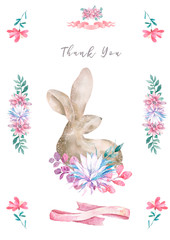 Cute watercolor Twins Bunny birthday greeting cards,posters for baby room, baby shower, invite, kids and baby t-shirts and wear. Hand drawn nursery illustration. Funny animal and cotton