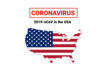 Coronavirus in USA. Map with flag and warning on white background. Epidemic alert. Covid-19, 2019-nCoV.