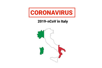Coronavirus in Italy. Map with flag and warning on white background. Epidemic alert. Covid-19, 2019-nCoV.