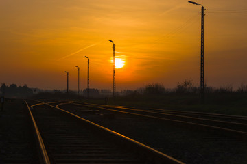 Fototapeta na wymiar Railroad tracks glistening in the light of the setting sun, transport, view, landscape